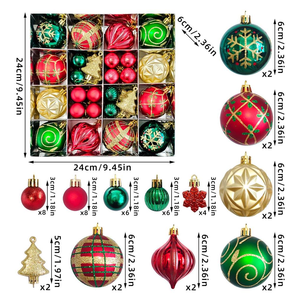 46Pcs Christmas Tree Ornaments Set Red Green White Snowflake Candy Cane Painted Baubles Holiday Home Decor