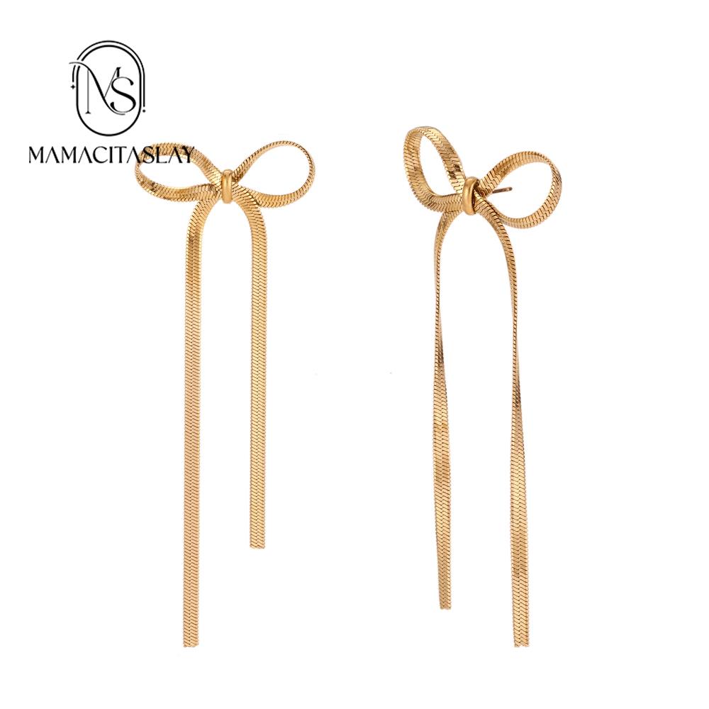 MamacitaSlay Elegant Lovely Blade Chain Bow Gold Silver Color Earrings 2026 Trend Waterproof Stainless Steel Jewelry Lady Gift