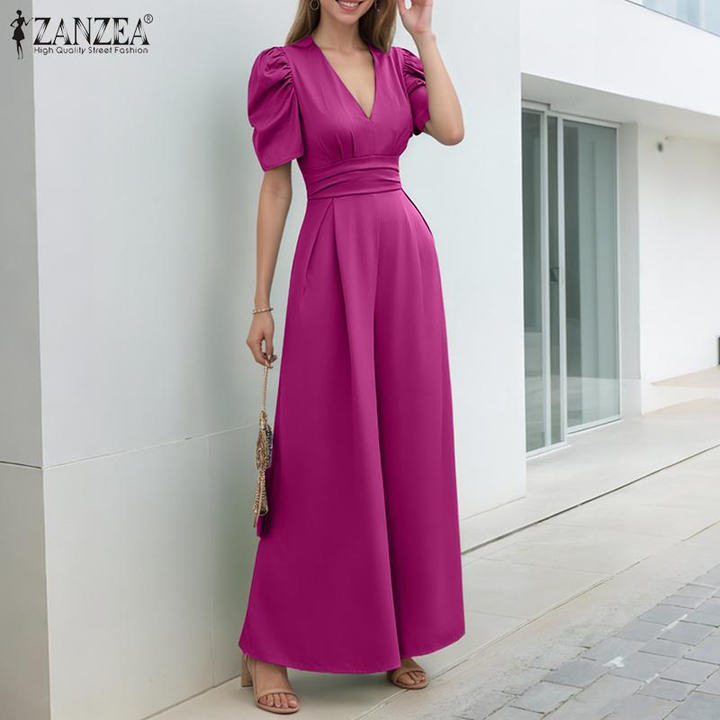 ZANZEA Women Casual V-Neck Summer Short Sleeve Wide Leg Jumpsuits