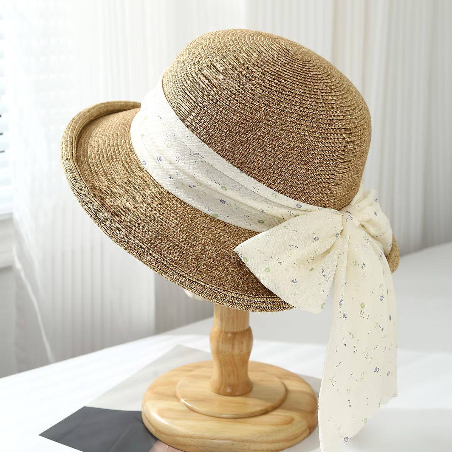 

2026 spring and summer Korean crimped straw hat women s outdoor sunscreen basin hat elegant temperament top hat showing face small bucket hat M（56-58cm）