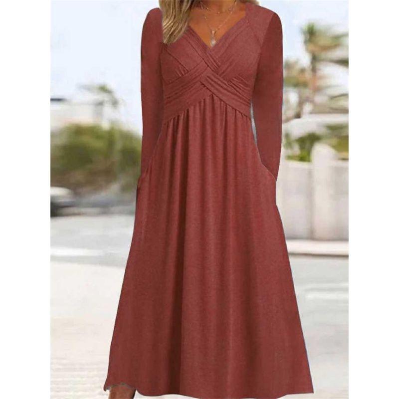 Fashion Women Dress Casual Ladies Skirt Solid V-neck Long sleeve dress Women