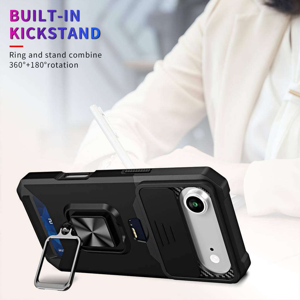 For iPhone 17 Air Case Kickstand Slide Lens Lid PC+TPU Phone Cover with Card Slot