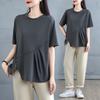 Dimanaf 2025 Summer Plus Size Tops Cotton O-Neck T-Shirt Solid Asymmetrical Women Short Sleeve Loose Tees