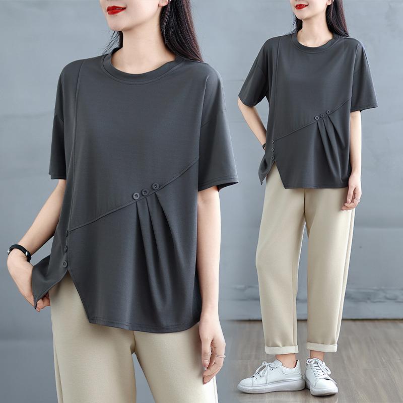 Dimanaf 2025 Summer Plus Size Tops Cotton O-Neck T-Shirt Solid Asymmetrical Women Short Sleeve Loose Tees
