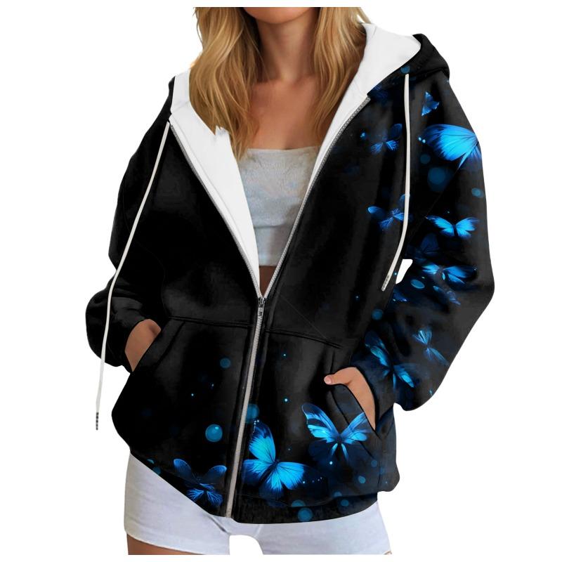 Graphic Stylish Print Women'S Hooded Sweatshirt Oversized Zipper Cardigan With Pocket Trendy Long-Sleeve Casual Hoodie Jacket