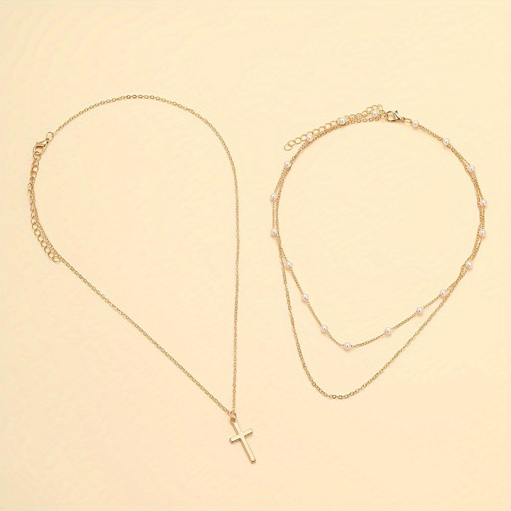Women Gold Layered Cross Necklace Pearl Station Chain Dainty Pendant