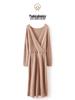 Women's Slim Fit V-Neck Wool Knit Dress - Waist-Hugging, Extra Long, Over-the-Knee, for Autumn/Winter Temperament