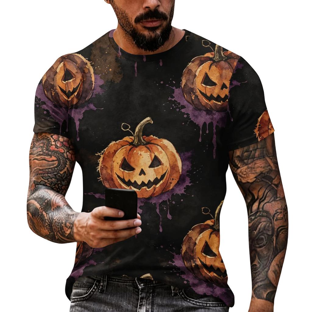Men's Halloween Print Short Sleeve T Shirt Loose Casual Summer Daily Top Crew Neck Comfortable Fit for Outdoor Indoor Wear