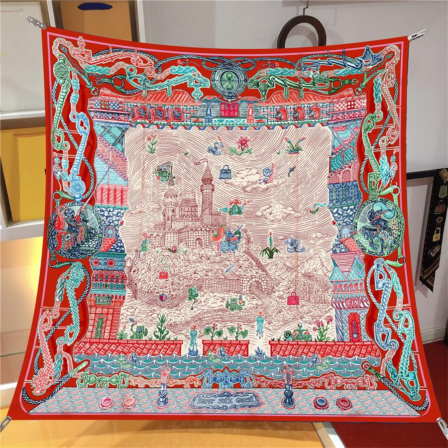 

90Cm Casual Fashion Twill Silk Scarf For Women Ocean Castle Print Wraps Headband Shawl Stoles Hijab Lady Square Foulard Bandana 90CM x 90CM