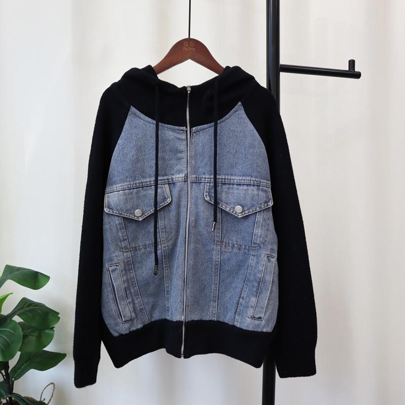 Autumn and winter new hooded splicing denim sweater jacket zipper knitted double-sided cardigan women