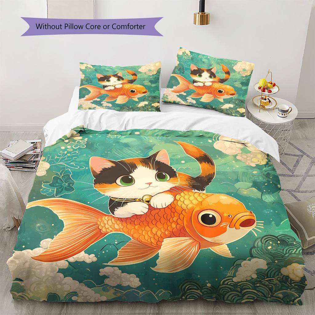 Cat and Fish Pattern Bedding Quilt Set Home Decoration Gift (1 * duvet cover + 2 * pillowcase without core)