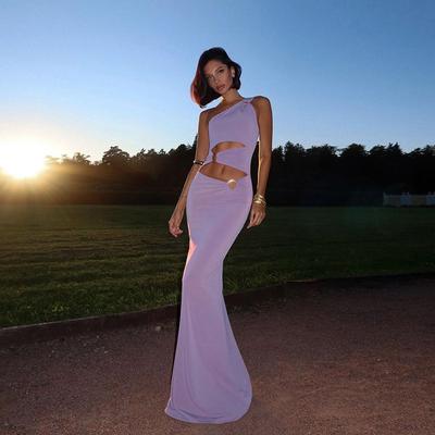 Jesenná dámska móda Diagonálne rameno Spájanie Falošné Dva Slim Sexy Rozparokové šaty