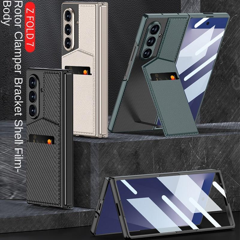 Leather Stand Holder with Credit Card Slot Glass Protector Phone Case for Samsung Z Fold 7 Galaxy Z Fold7 Lens Protect Cover