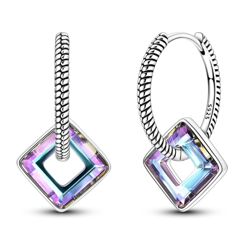 Original 925 Sterling Silver Hoop Earrings for Women Wedding Fashion Jewelry Starlight Crystal Circle Square Snake Bone Earrings