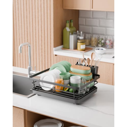 Kitsure Abtropfgestell - Platzsparendes Abtropfgestell mit Besteckkasten, Geschirrabtropfgestell, 30,5 cm tief x 39,6 cm breit, Schwarz