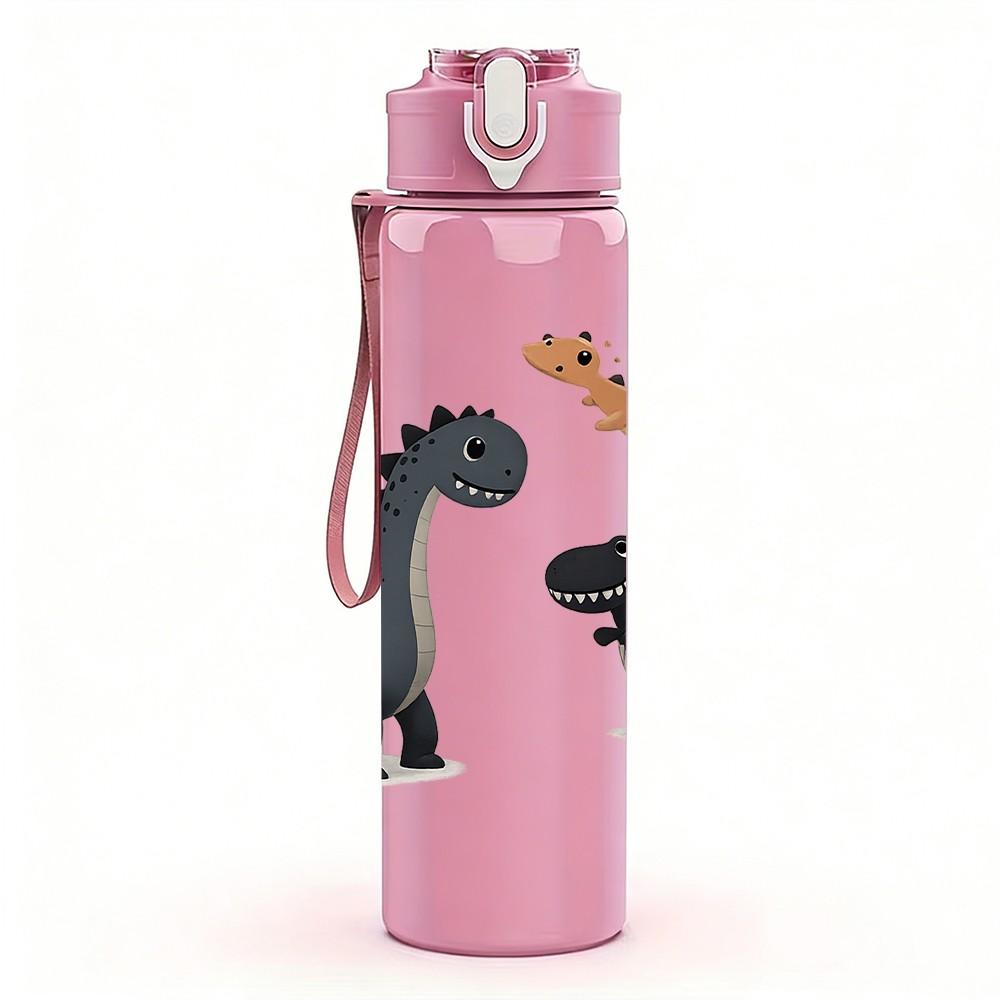 1PC Small Dinosaur Family Cartoon Print 750ml Color Plastic Sports Water Bottle Leakproof Flip Straw Lid Suitable for Sports Office Home Use