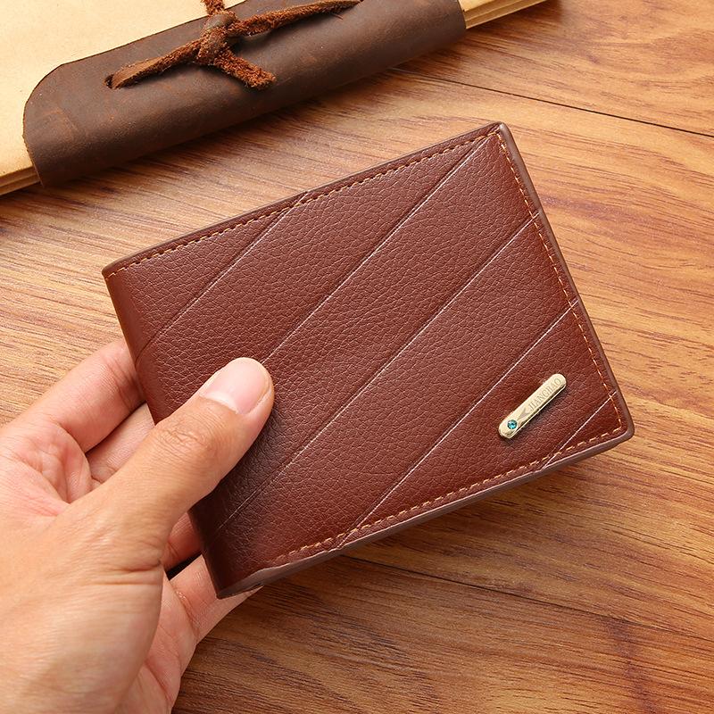 Men's Slim Bifold Wallet Textured Diagonal Pattern Black Leather Multi-Card Slots Soft Minimalist Stamp Logo Luxury Youth Style