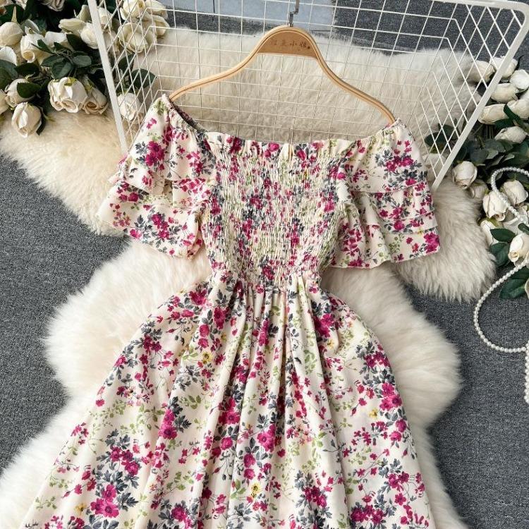 Floral Off Shoulder Casual Short Sleeve High Waist Ankle Length Dress for Women Summer Spring Fashion