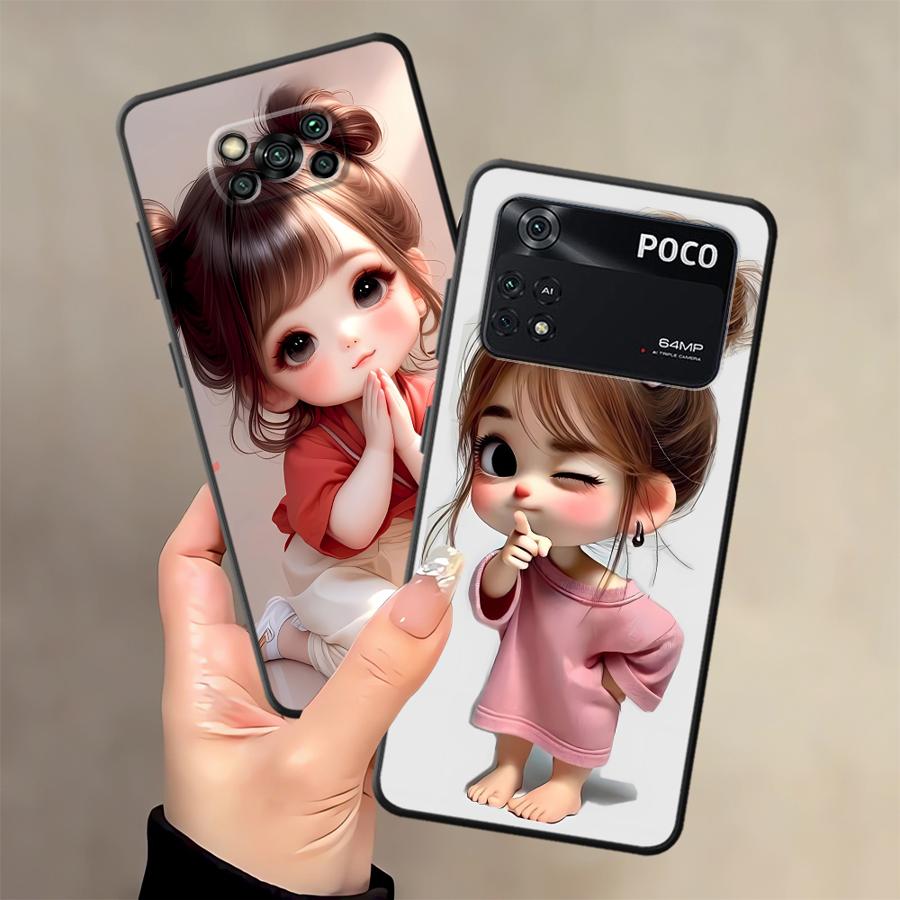 מארז ל-Xiaomi Poco X3 X4 X5 X7 Pro C61 M3 M4 M7 Pro C50 F3 C40 C71 F1 M5 C75 כיסוי טלפון שחור רך דוגמת ילדה מצוירת