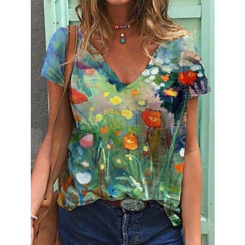Summer Scenery Flowers Plants 3D Printed Short Sleeved T-shirt Women's Loose Short Sleeved Top V-neck T-shirt