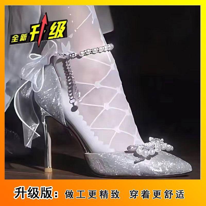 Bow Single Shoes Summer 2025 New Pearl One-word Strap High Heels Pointed Commuter Stiletto Fashion Sandals
