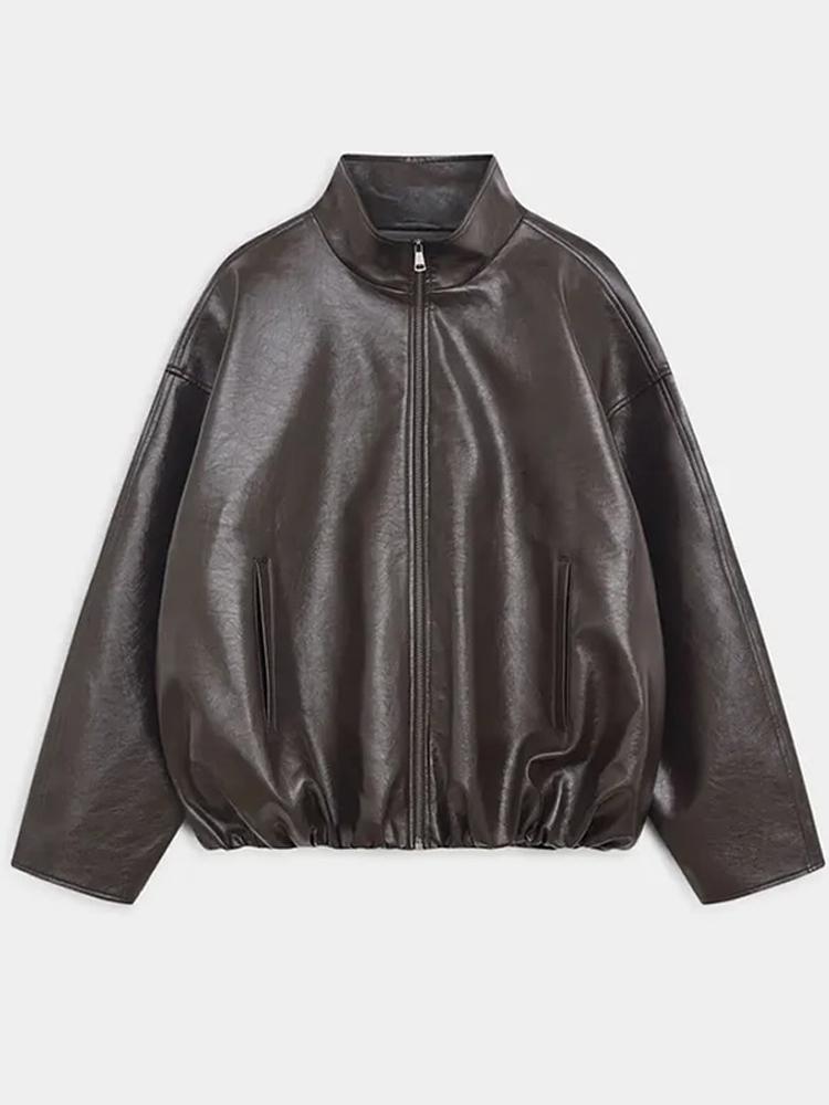 Women's Faux Leather Jacket in Retro Motorcycle Style Stand Up Collar Zipper Jacket Autumn Winter