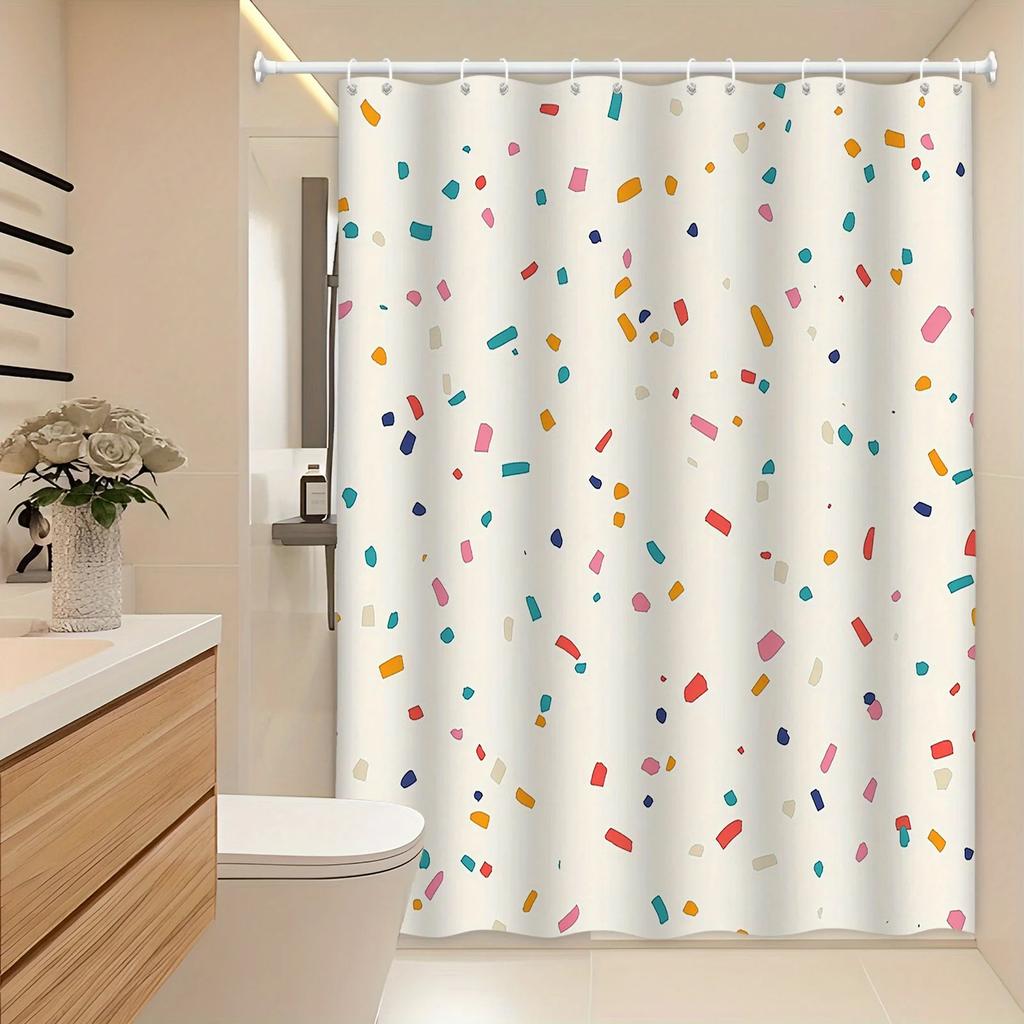 Colorful Confetti Shower Curtain - Playful Minimalist Design, Pink, Orange, Blue, Yellow, Brown & White, Polyester