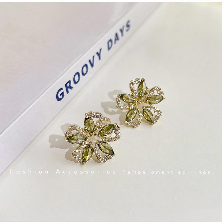 2025 Olive Green Hollow Flower Petal Earrings with Micro-set Zirconia