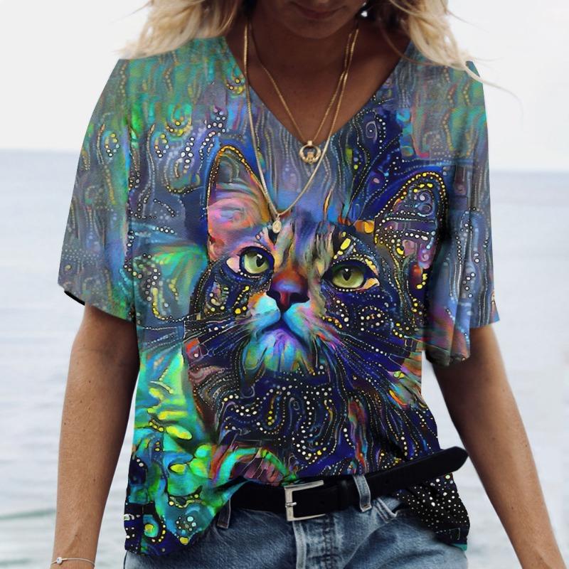 Trendy 3D T-shirt with Cartoon Cat Pattern Printed Women's T-shirt Short Sleeved 3D Printed Casual T-shirt
