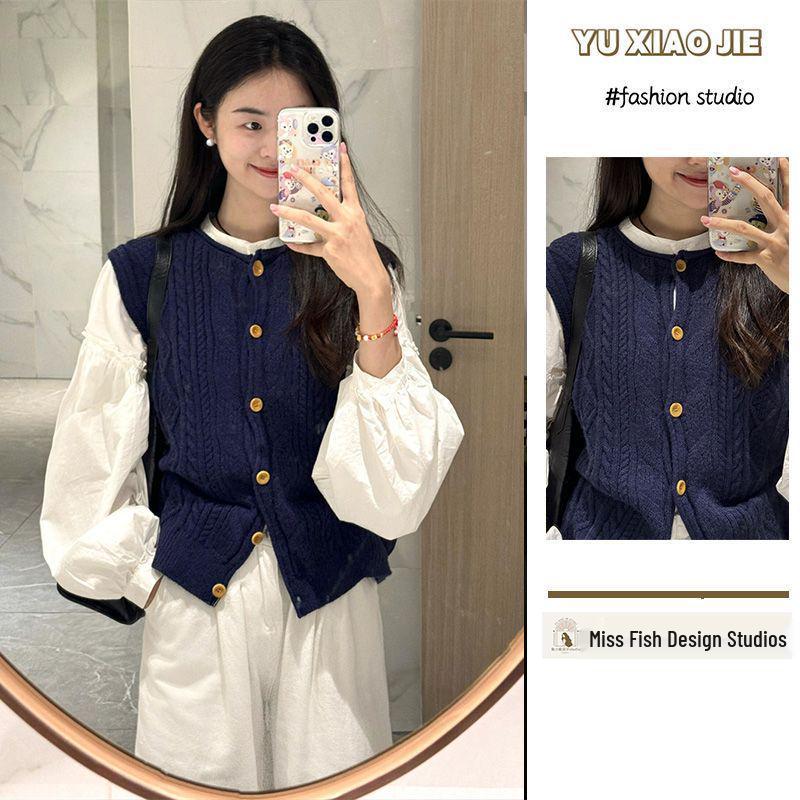 French Cable Knit Cardigan Vest & Early Autumn Long Sleeve Shirt Set for Women