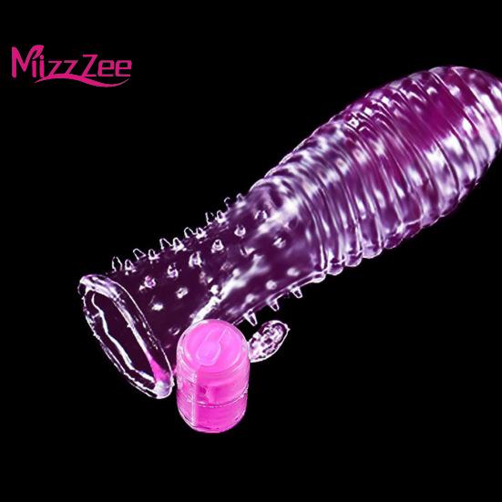 Mizz Zee Vibrator Condom Penis Dotted Thread Clear Lock Extension Sleeve Ring Sex