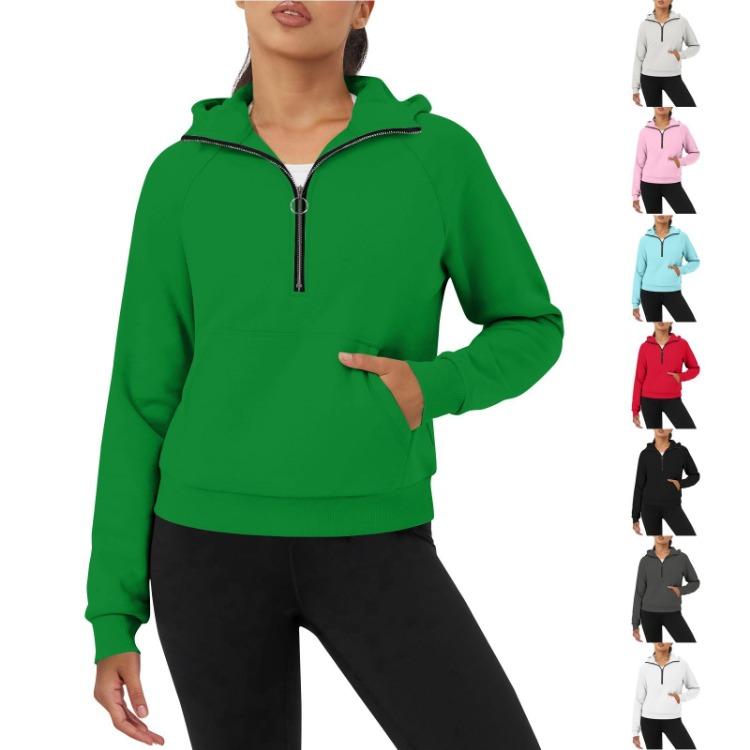 Women Fashion Long Sleeve Hooded Sweatshirt Casual Loose Fit Zipper Pocket Solid Color