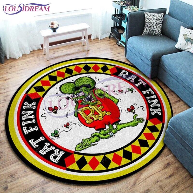 Tappeto Rotondo Garage Hot Rod Rat Fink Retrò, Tappetino Decorativo Artistico Personalizzato, Tappeto da Area Lavabile Antiscivolo per Camera da Letto e Ufficio