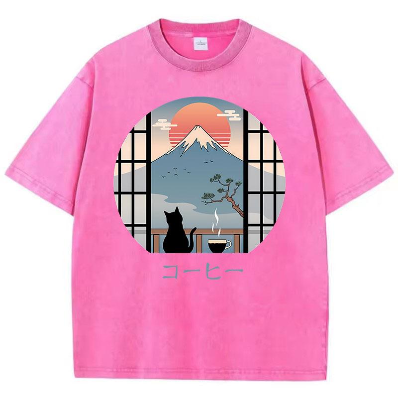 T Shirt Vintage Washed 100% Cotton T-Shirt Japanese Style with Mountain Cat Graphic Tee Casual Streetwear Spring Summer Fall