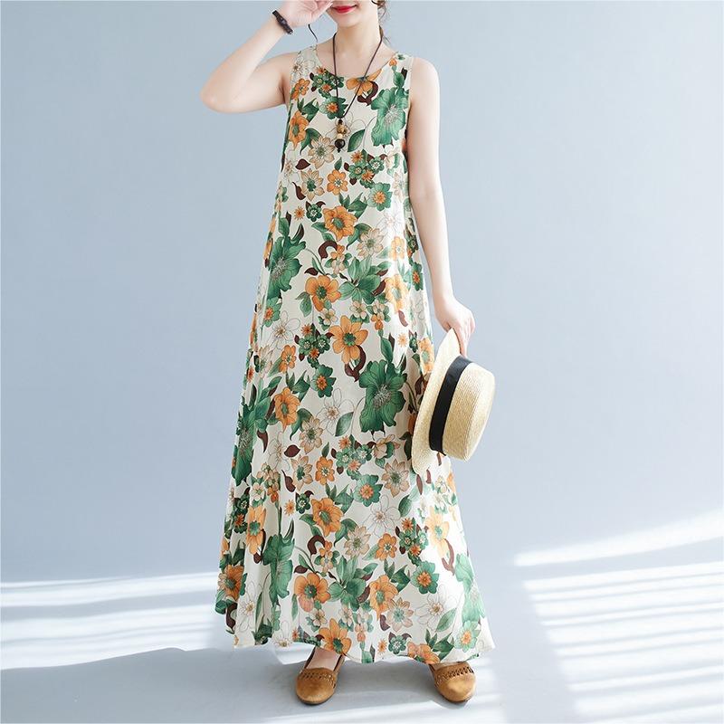 Real Shot Summer New Bohemian Loose Cotton and Linen Print Sleeveless Dress Women's Vest Skirt