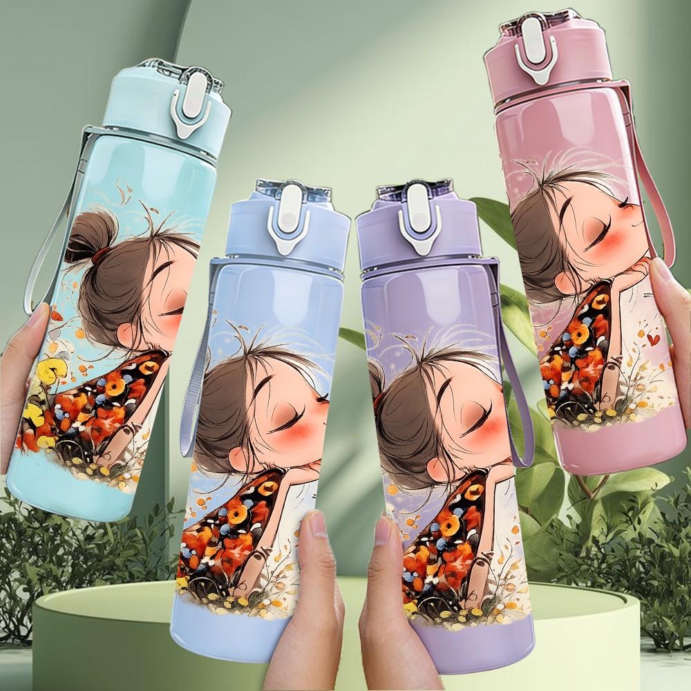 1PC Little Girl Oriental Style Art Print 750ml Color Plastic Sports Water Bottle Leakproof Flip Straw Lid Suitable for Sports Office Home Use