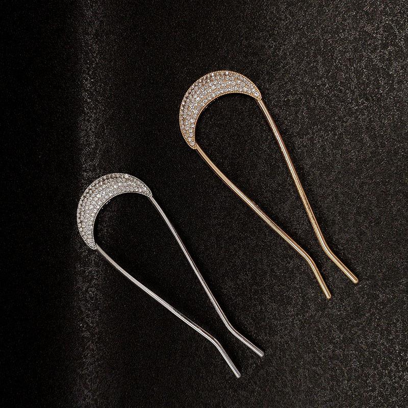 Vintage Crystal Moon Hair Sticks for Women Chinese Metal U-Shape Hairpins For Bun Updo Fashion Wedding Hair Accessories