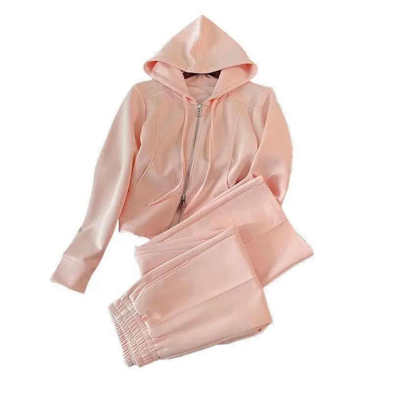 Modny Elegancki Damski Wiosenny Jesienny Kardigan z Kapturem Otwarty Top Spodnie z Szerokimi Nogawkami Luźny Wszechstronny Zestaw Dwuczęściowy Trendy