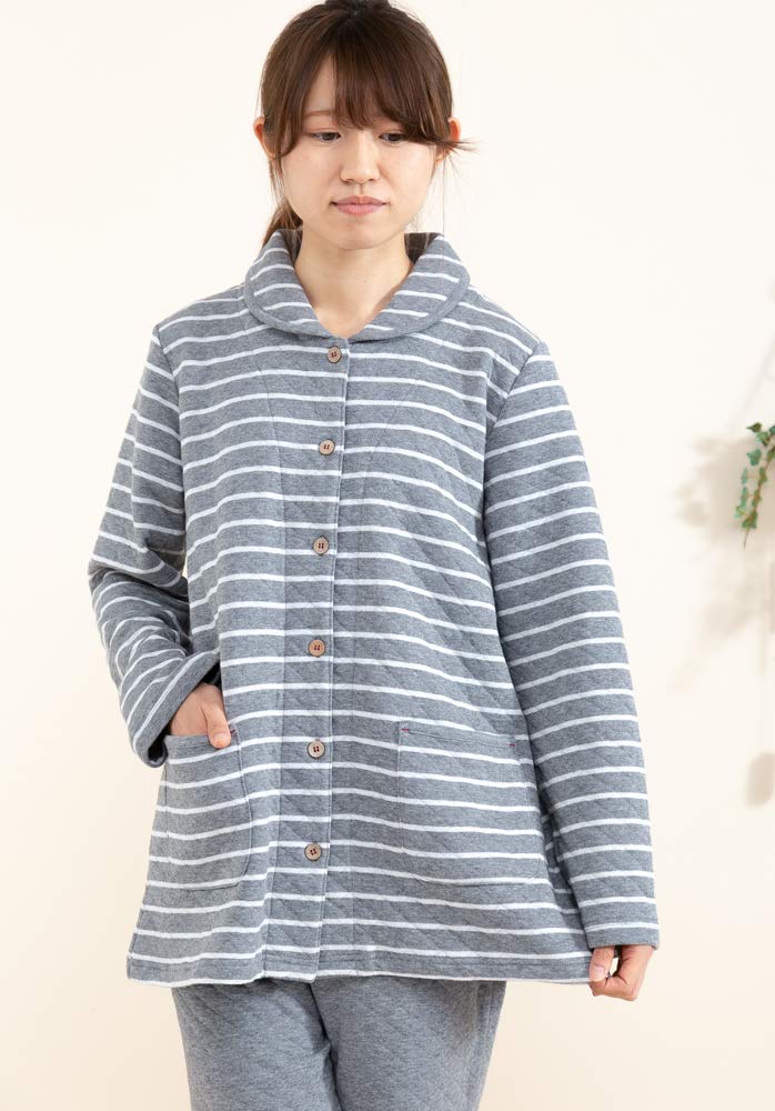 Eye Cotton Quilted Knit Pajamas with Open Long Winter Sizes K's Women's Skin-Friendly 100% Front, Sleeves, Loungewear, Nightwear, S/M/L/LL (S Navy)