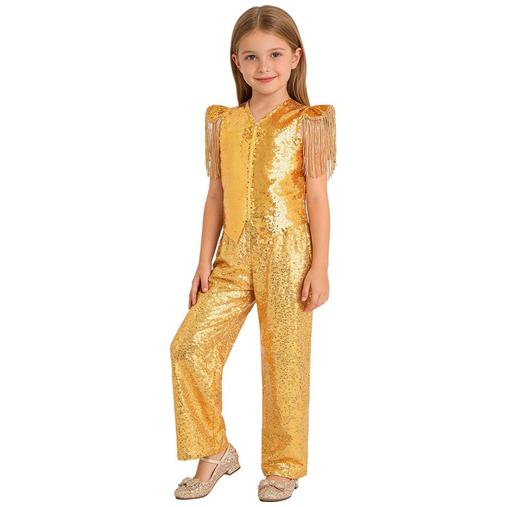 Kids Jazz Dance Costume Set Sequin Embellished Cap Sleeve V Neck Asymmetrical Hem Zip Vest with Elastic Waist Pants for Stage Competition