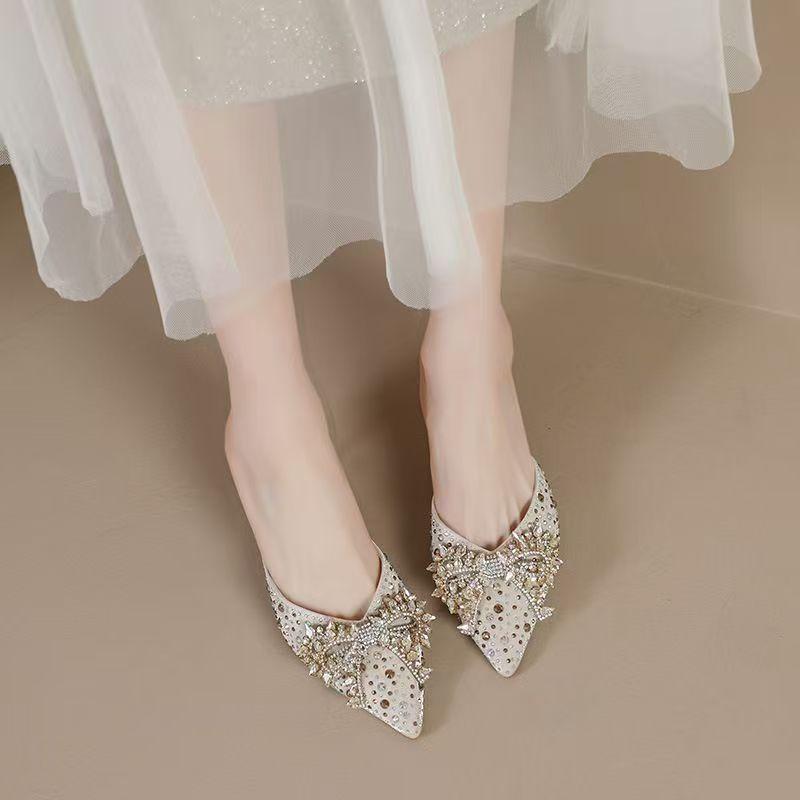 Temperament High Heels Summer New Pointy Head Shallow Mouth Glitter Butterfly Knot Set Foot Anti-slip Wear-resistant High Heels