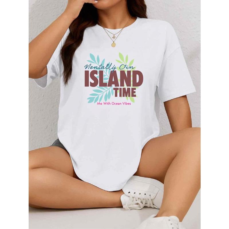 Unisex Tropical Island Time Graphic Tee Palm Leaf Print Crew Neck Short Sleeve Relaxed Fit Beach Vacation Top S белый