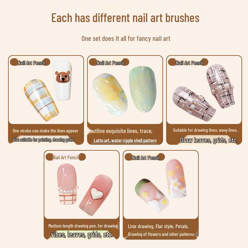 5-Piece Fine Line Nail Art Brush Set for Outlining, Painting Flowers, Line Drawing, and Color Mixing