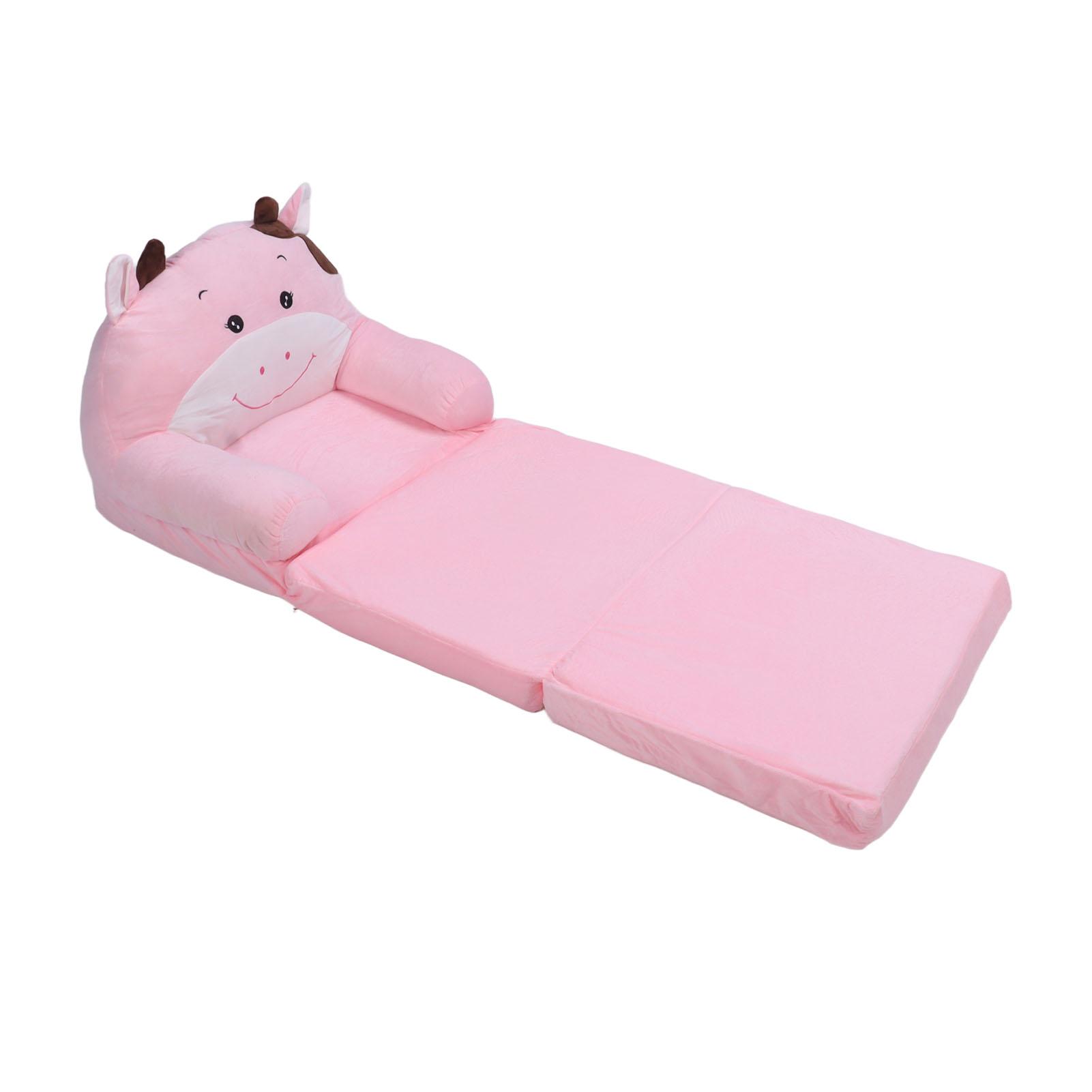 Foldable Kids Sofa Cute Cartoon Soft Comfortable Children Folding Couch Sofa Bed for Boys Girls Bedroom Pink Cow