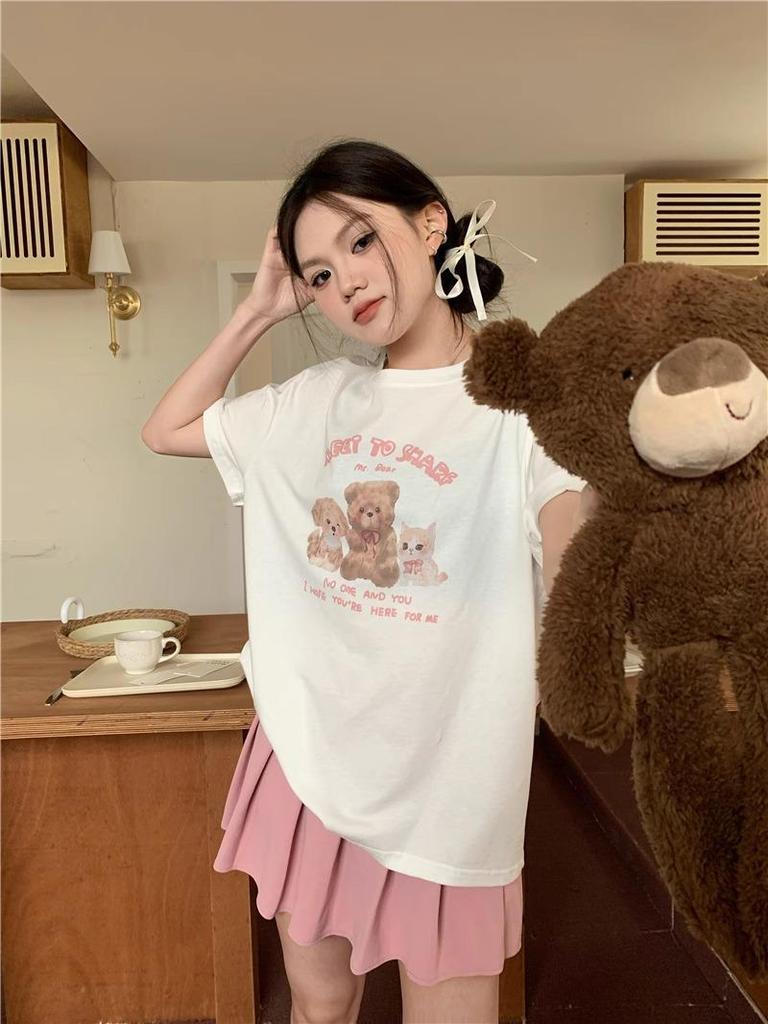 2026 Pink Cartoon Round Neck Loose-Fit Women's Half Sleeve T-Shirt