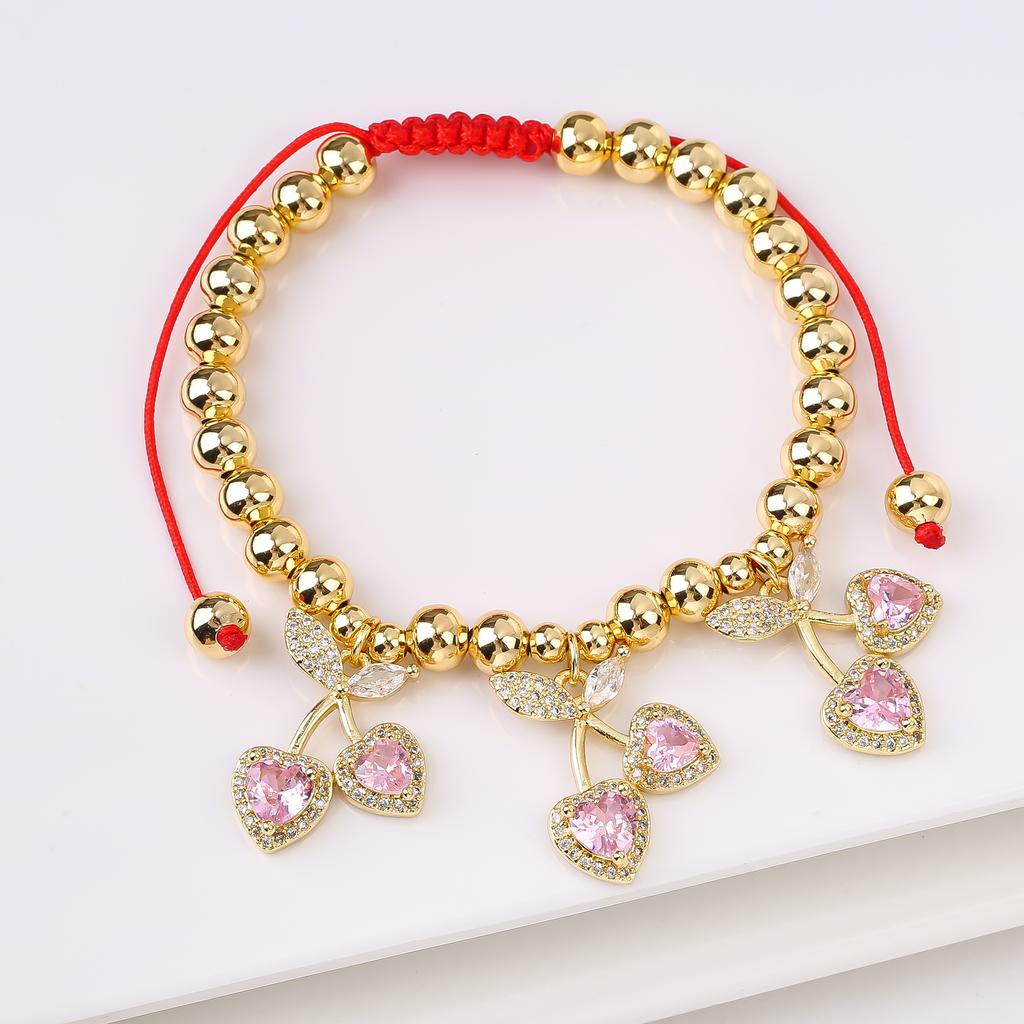 Hot Sale Cute Cherry Strawberry Pendant Copper Bead Chain Bracelet High Quality Crystal Zirconia Fruit Jewelry For Daily Wear