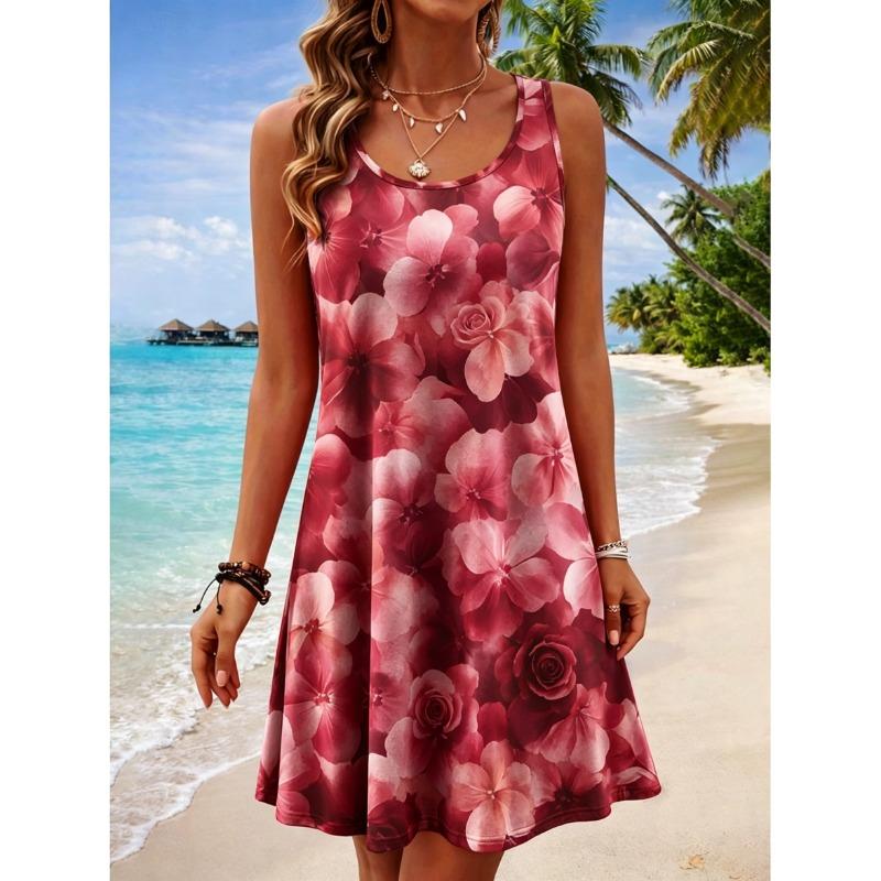 Women's Round Neck Sleeveless Tropical Hibiscus Print Casual A-Line Mini Dress, Beach Tank Dresses for Spring & Summer