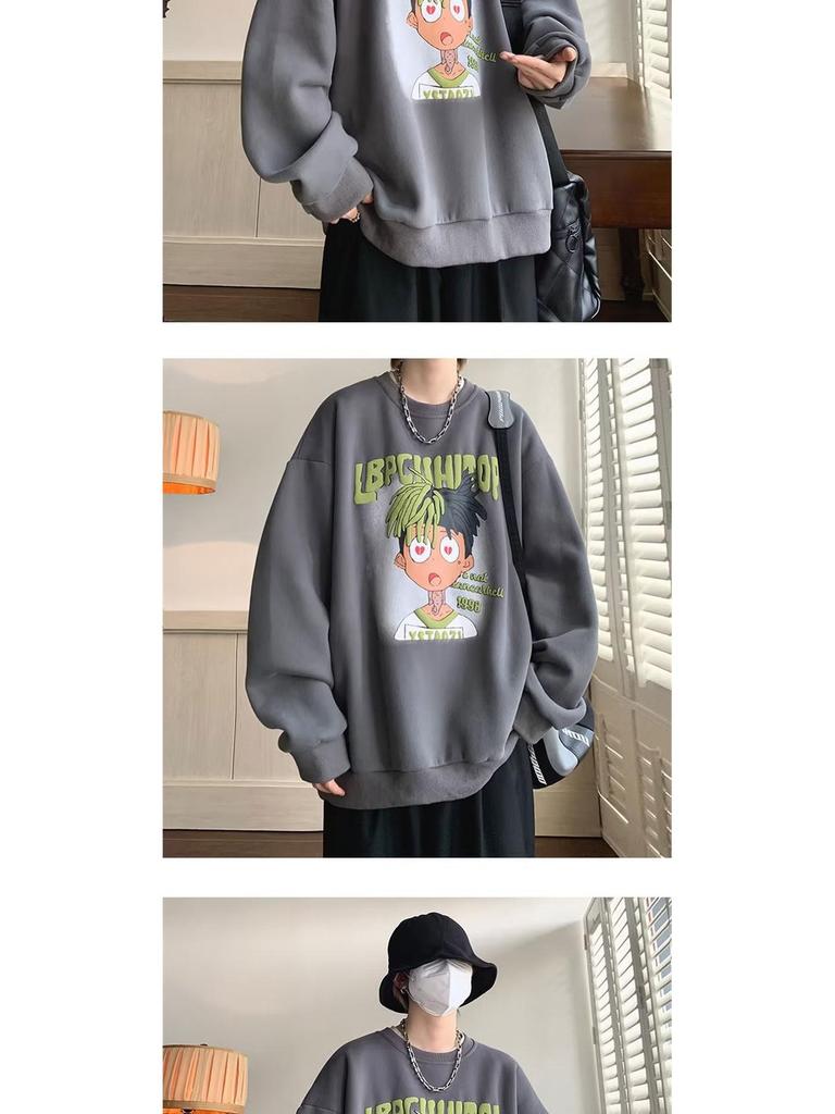 Men's American Cartoon Hip Hop Plus Velvet Thickened Hoodie - Round Neck Autumn Winter Outerwear