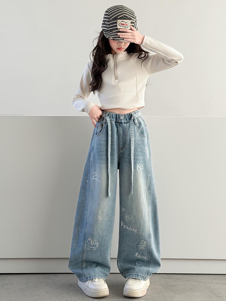Nuovi Pantaloni Jeans Larghi a Gamba Larga Stampati Stile Coreano da Ragazza 2026