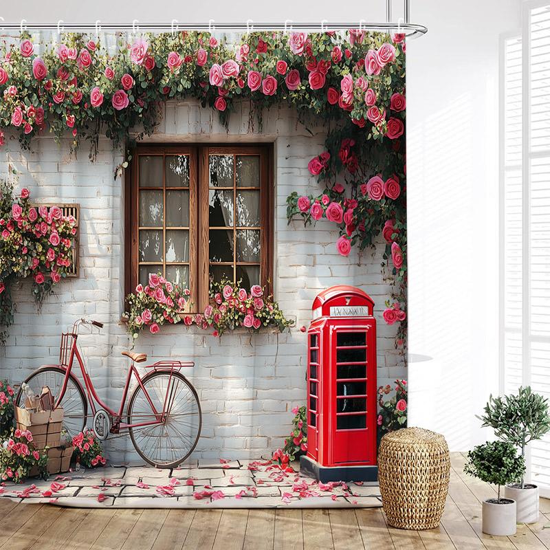 Vintage Italian Street Shower Curtain Arch Architecture Floral Plant Scenery Fabric Home Bathroom Decor Bath Curtains With Hooks